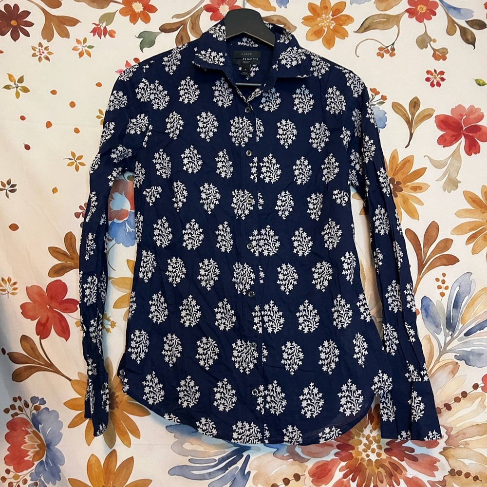 J.Crew 0 Perfect Dark Blue White Print Button Down Lightweight Cotton Preppy Top